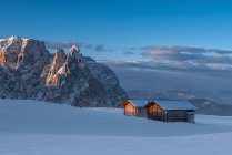 Nascer do sol no planalto de Bullaccia / Puflatsch. No fundo, os picos de Sciliar / Schlern, Alpe di Siusi, Dolomites, Trentino-Alto Adige, Itália — Fotografia de Stock