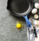 Raw chicken egg and frying pan with copy space — Stock Photo