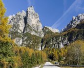 Chaîne de montagnes Tamer dans les Dolomites de la Vénétie, route menant au Passo Duran. Les Dolomites de la Vénétie font partie du patrimoine mondial de l'UNESCO. Europe, Europe centrale, Italie, octobre — Photo de stock
