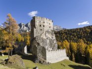 Замок Андрас (также известный как Бухенштейн или Андрак) около Пассо-Фальцарего в Доломитовых Альпах Венето. Доломиты Венето являются частью мирового наследия ЮНЕСКО. Европа, Центральная Европа, Италия, Октябрь — стоковое фото