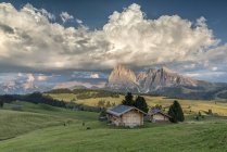 Pôr do sol no Alpe di Siusi com os picos de Sassolungo e Sassopiatto, Alpe di Siusi, Dolomites, Trentino-Alto Adige, Itália — Fotografia de Stock