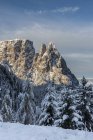 La primera nieve de otoño en el Alpe di Siusi, Dolomitas, Trentino-Alto Adigio, Italia - foto de stock