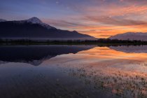 Naturreservat pian di spagna überflutet mit dem Berg legnone spiegelt sich im Wasser bei Sonnenuntergang valtellina lombardy, italien, europa — Stockfoto