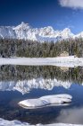 Wooden chalet surrounded by snowy peaks and woods reflected in Pal Lake landscape, Malenco Valley, Valtellina, Lombardy, Italy, Europe — Stock Photo
