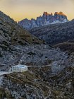 Valparola Mountain Pass - paso di Valparola towards Falzarego Pass in the Dolomites, an UNESCO World Heritage site. Croda da Lago  in the background, the ruined fortification Tre Sassi dating back to WW1 in the foreground. europe, central europe — Stock Photo