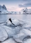 O mar congelado e os picos nevados enquadram a vila piscatória ao pôr-do-sol Reine Nordland, paisagem das ilhas Lofoten, Noruega, Europa — Fotografia de Stock