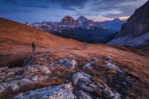 Hombre mirando el Monte Pelmo y el Monte Civetta, Mondeval, Dolomitas, Italia - foto de stock