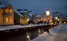 Houses at the river in winter, Trosa, Sweden, Europe — Stock Photo
