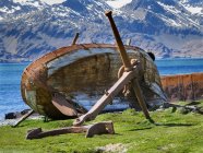 Wreck of a small ship. Grytviken Whaling Station in South Georgia. Grytviken is open to visitors, but most walls and roofs of the factory have been demolished for safety reasons. Antarctica, Subantarctica, South Georgia, October — Stock Photo