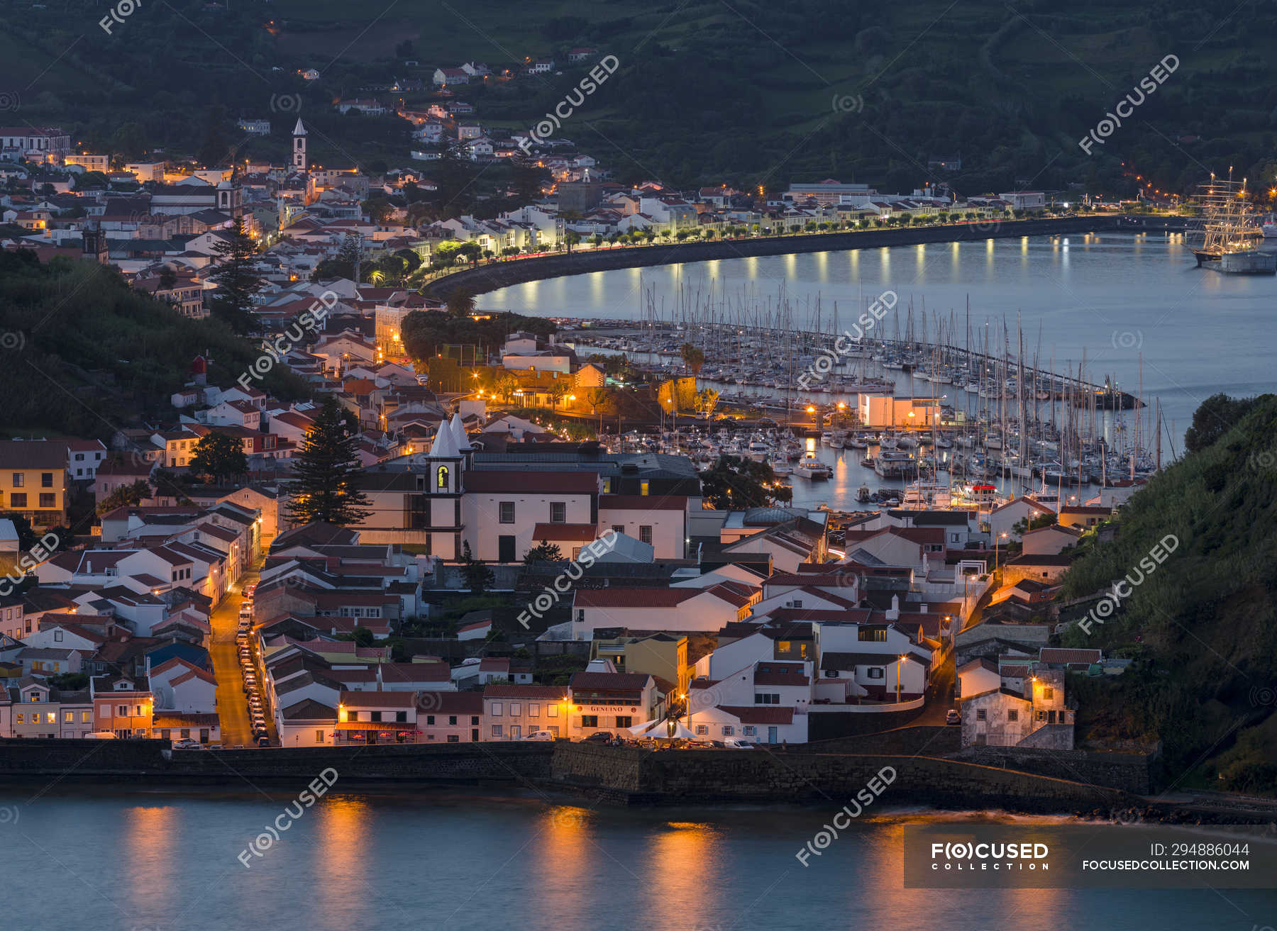 the main town on Faial Island, an island in the Azores (Ilhas dos Acores) in the Atlantic ocean. The Azores are an autonomous region of Portugal. — porto pim, outdoors -