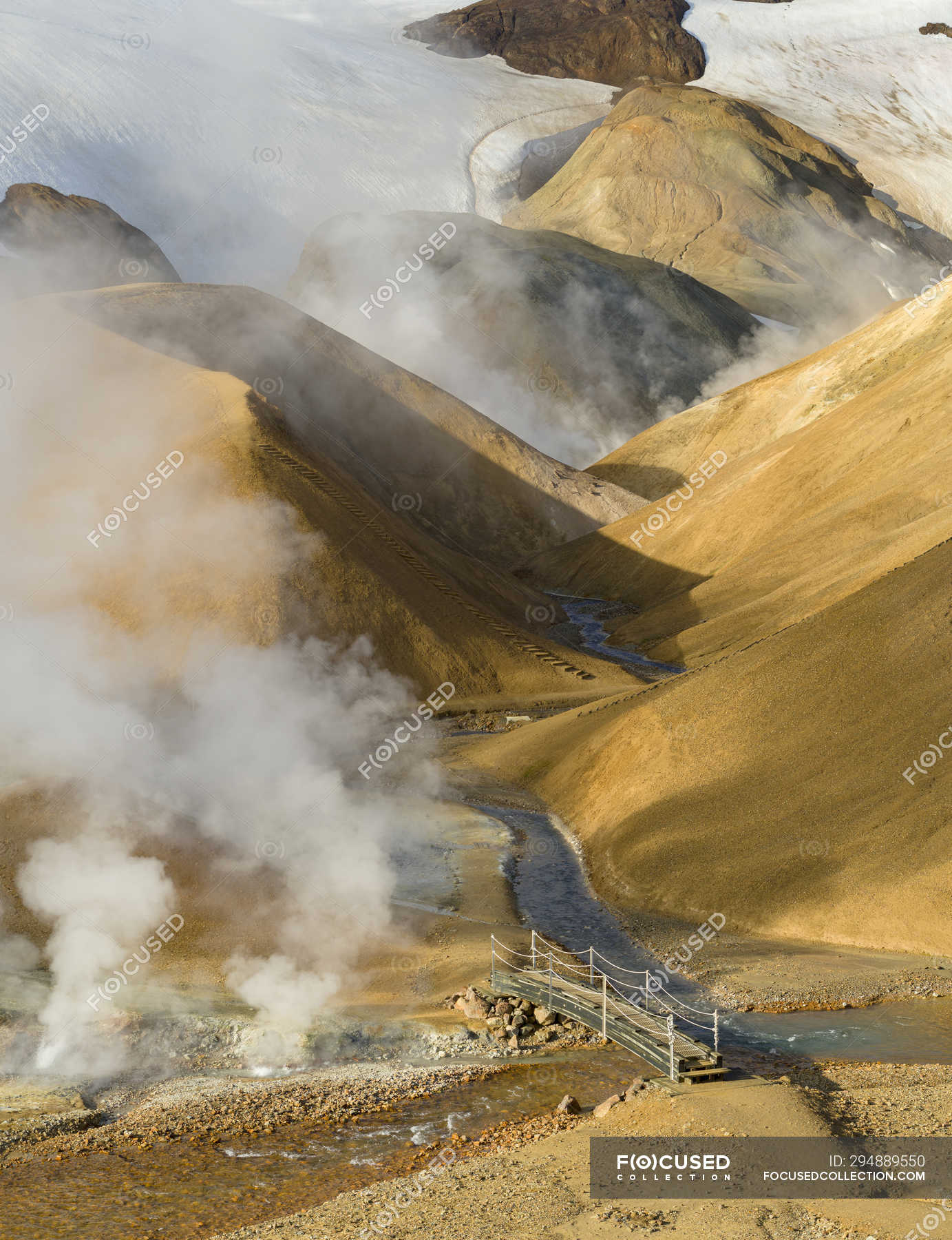 Landscape in the geothermal area Hveradalir in the mountains ...