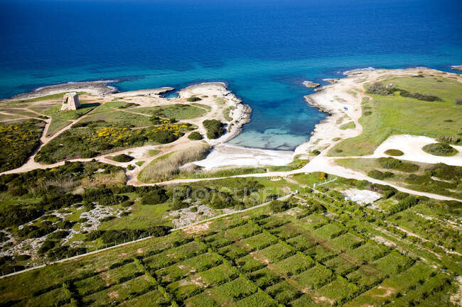 Vista aérea, Torre costeira de Pozzella, Ostuni, Puglia, Itália — Fotografia de Stock