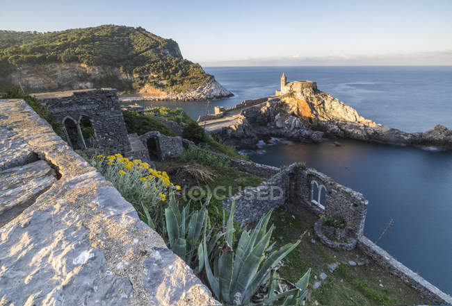 Flowers and blue sea frame the old castle and church at dawn Portovenere, UNESCO World Heritage Site, Riviera di Levante, Ligury, Italy, Europe — Stock Photo