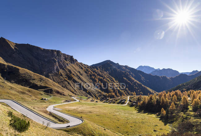 Road to Passo di Fedaia near mount  Marmolada in the Dolomites.  The Dolomites  are part of the UNESCO world heritage. Europe, Central Europe, Italy, October — Stock Photo