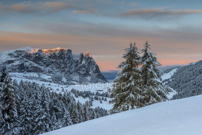 A primeira neve de outono no Alpe di Siusi, Dolomites, Trentino-Alto Adige, Itália — Fotografia de Stock