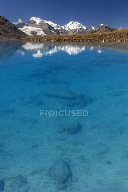 Réflexion du groupe Bernina sur Lago Vago, Livigno, Lombardie, Italie — Photo de stock