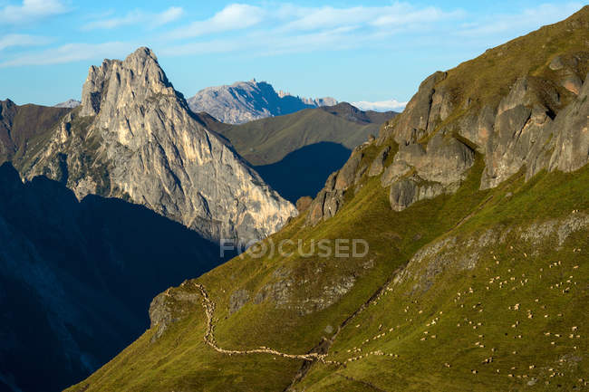 Pastos de otoño, Valle de Fassa, Dolomitas, Trentino, Italia, Europa - foto de stock