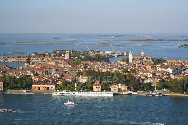 View of Arsenale of Venice and Castello neighborhood from the helicopter, Venice Lagoon, Italy, Europe — Stock Photo