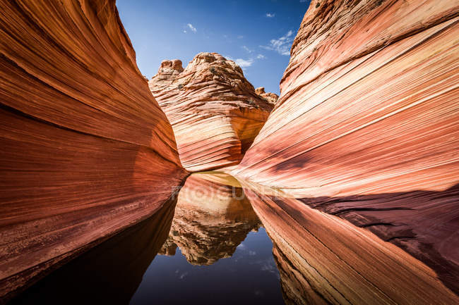 Una splendida formazione rocciosa conosciuta come The Wave nel deserto roccioso che si riflette su una rara pozzanghera d'acqua, Arizona - confine con lo Utah, Stati Uniti d'America, Nord America — Foto stock