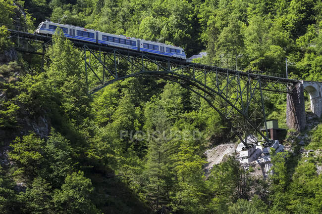Vigezzina-Zug fährt über eine Stahlbrücke in Camedo, Borgnone, Kanton Tessin, Schweiz, Europa — Stockfoto