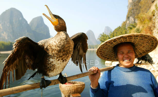 As mulheres pescador Cormoran são a atração turística no rio Li, Xingping, China, Ásia Oriental — Fotografia de Stock
