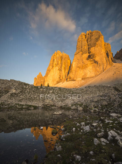 Захід сонця на Drei zinnen, Tre Cime ді Lavaredo Гора, Доломітові Альпи, ЮНЕСКО, Спадщина світу, Трентіно-Альто-Адідже — стокове фото