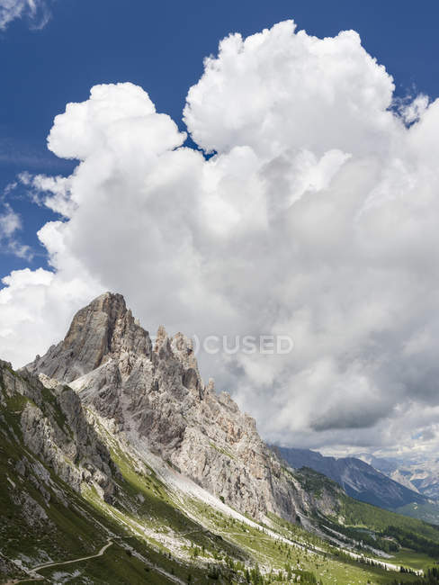 Thunderstorm clouds over the summits of Croda da Lago in the Dolomites of the Veneto near Cortina d'Ampezzo. Part of the UNESCO world heritage. Europe, Central Europe, Italy — Stock Photo