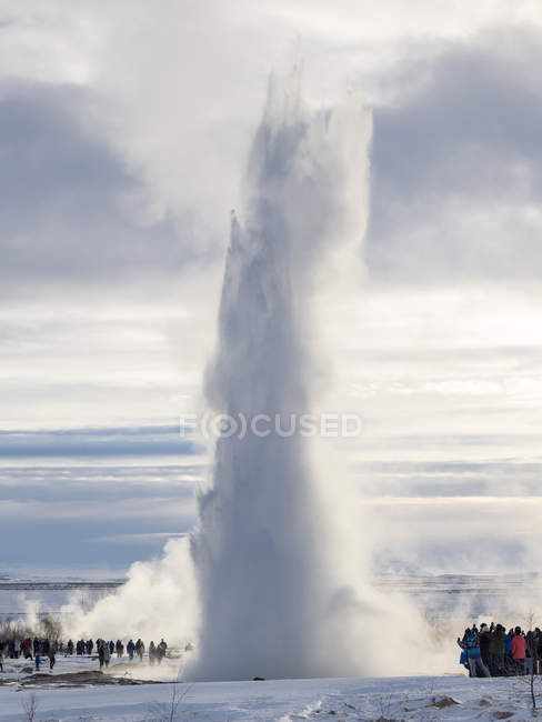 Geysir Strokkur na área geotérmica Haukadalur parte do Círculo de Ouro durante o inverno. Europa, Norte da Europa, Escandinávia, Islândia, Fevereiro — Fotografia de Stock