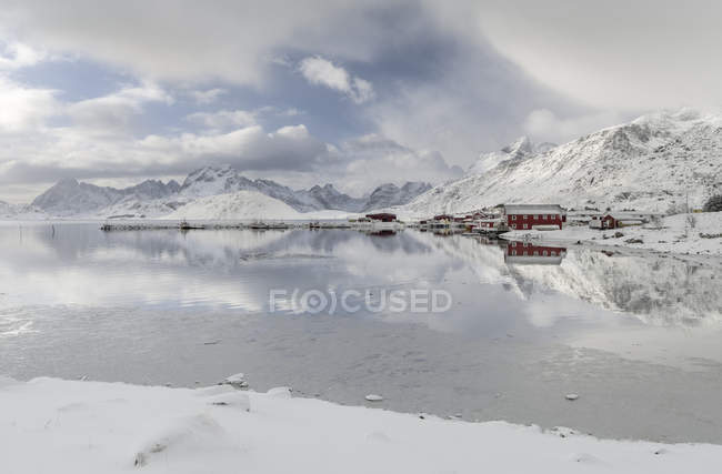 Village Fredvang on the island Moskenesoya. The Lofoten Islands in northern Norway during winter. Europe, Scandinavia, Norway, February — Stock Photo