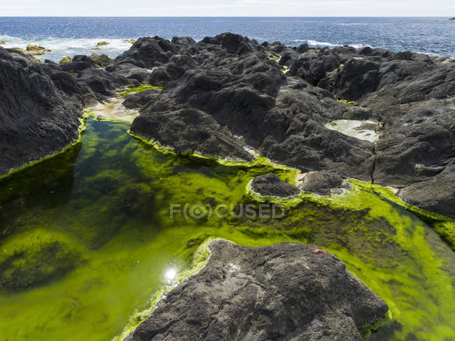 Vulcanic coast  in  the Nature Reserve Vulcao dos Capelinhos. Faial Island, an island in the Azores (Ilhas dos Acores) in the Atlantic ocean. The Azores are an autonomous region of Portugal. — Stock Photo