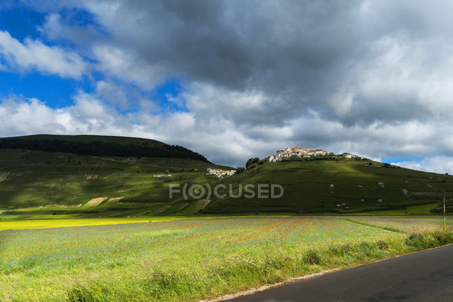 Monti Sibillini National Park, Flowering, View of Castelluccio di Norcia; Umbria, Italy, Europe — Stock Photo