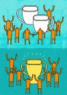 People shaking hands around cups and people celebrating around trophies — Stock Photo