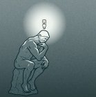 Мыслительная статуя с энергосберегающей лампочкой над головой — стоковое фото