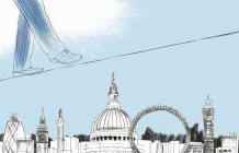 Бизнесмен ходит по канату над достопримечательностями Лондона — стоковое фото