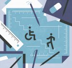 Figure walking upstairs and handicapped figure in wheelchair — Stock Photo