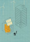Drei Geschäftsleute stehen vor Haus mit Solaranlage voller Geld — Stockfoto