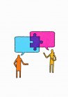 Jigsaw piece connecting speech bubbles above man and woman — Stock Photo