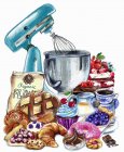 Variation of pastries and sweets and mixer — Stock Photo