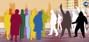 Urban youth confronting multicolored adults on London street — Stock Photo