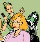 Hairdresser admiring client hair — Stock Photo