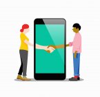 Man and woman shaking hands in smartphone display — Stock Photo