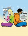 Teenagers sitting back to back communicating via mobile devices in internet slang — Stock Photo