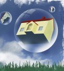Häuser in Blasen, die im Himmel schweben — Stockfoto