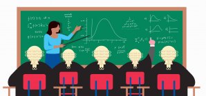 Teacher at blackboard explaining formulas to lawyers — Stock Photo