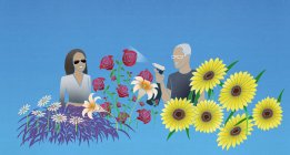 Жінка і людина доглядає за квітами — стокове фото