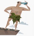 Homme nu avec des feuilles à l'aide de jumelles — Photo de stock