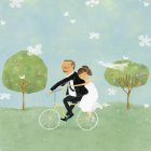 Bride and groom on bicycle in park — Stock Photo