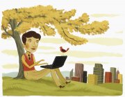 Empresário usando laptop sob a árvore — Fotografia de Stock