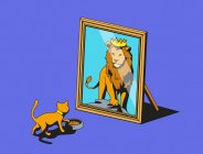 Gato mirando en el espejo y viendo el reflejo del león - foto de stock