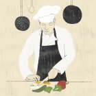 Chef in cucina tagliando verdure — Foto stock